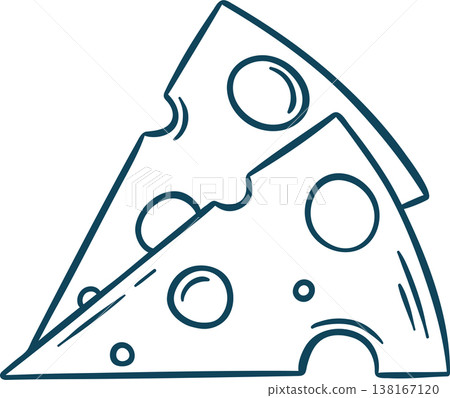 Cheese slice with irregular holes in simple Mediterranean blue doodle style. Classic Swiss cheese icon for deli branding or sandwich menus 138167120