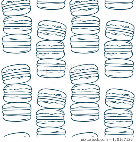 A stack of macarons, simple vector pattern in doodle and sketch style with Mediterranean blue lines. Hand-drawn repeating design for kitchen textiles or dessert packaging A stack of macarons, simple vector pattern in doodle and sketch style with Mediterranean blue lines. Hand-drawn repeating design for kitchen textiles or dessert packaging 138167122