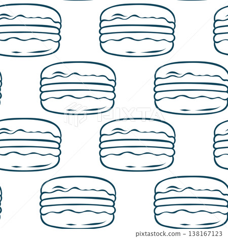 Macaron, simple vector pattern in doodle and sketch style with Mediterranean blue line. Hand-drawn French pastry repeating design for kitchen textiles or dessert packaging Macaron, simple vector pattern in doodle and sketch style with Mediterranean blue line. Hand-drawn French pastry repeating design for kitchen textiles or dessert packaging 138167123