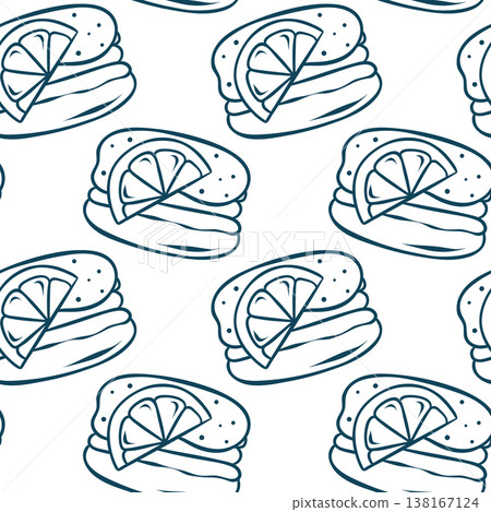 Macaron with orange slice and icing drizzle, simple vector pattern in Mediterranean blue line style. Hand-drawn citrus French pastry repeat for summer dessert packaging or kitchen textiles Macaron with orange slice and icing drizzle, simple vector pattern in Mediterranean blue line style. Hand-drawn citrus French pastry repeat for summer dessert packaging or kitchen textiles 138167124