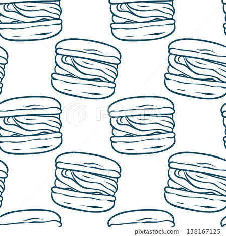 Mediterranean blue line doodle pattern featuring rows of round French macarons. Minimalist pastry repeat for patisserie branding or cafe wallpaper Mediterranean blue line doodle pattern featuring rows of round French macarons. Minimalist pastry repeat for patisserie branding or cafe wallpaper 138167125