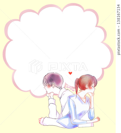 A man and woman in love, back to back, in a cloud-shaped speech bubble. A man and woman in love, back to back, in a cloud-shaped speech bubble. 138167134