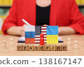 Discussions of peace unfold as flags represent nations and a ceasefire is placed at the center of diplomacy efforts in a cozy setting 138167147