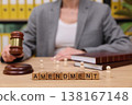 Legal proceedings focus on an important amendment with a gavel and documents in a professional setting 138167148