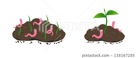 Small plant growing in the ground and Earthworm. Worm and young green plant. Vector illustration in flat style, isolated on a white background. 138167285