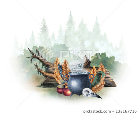 Watercolor forest composition with cauldron, raven skull, feathers, fallen log, mystical woodland scene. Hand painted illustration isolated on white for fantasy design, prints, posters, storytelling Watercolor forest composition with cauldron, raven skull, feathers, fallen log, mystical woodland scene. Hand painted illustration isolated on white for fantasy design, prints, posters, storytelling 138167716