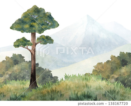 Watercolor landscape with pine tree, mountains and soft hills, calm natural scene. Hand painted illustration isolated on white background, ideal for prints, posters, backgrounds, nature themed design 138167720