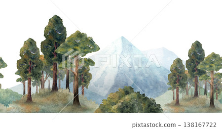 Watercolor forest border with trees and soft hills, seamless panoramic woodland scene. Hand painted natural composition isolated on white background for backgrounds, banners, prints, nature designs Watercolor forest border with trees and soft hills, seamless panoramic woodland scene. Hand painted natural composition isolated on white background for backgrounds, banners, prints, nature designs 138167722