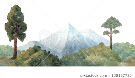 Watercolor forest border with trees, bushes and mountains, seamless horizontal landscape composition. Hand painted nature scene isolated on white for backgrounds, banners, prints, and design projects 138167723