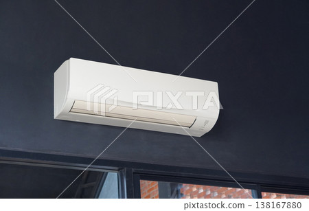 side view white air conditioner on black wall background, technology, object, decor, fashion, antique, ancient, copy space 138167880