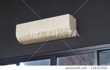 top view old white air conditioner on black wall background, technology, object, decor, fashion, antique, ancient, copy space 138167882