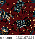 Seamless decorative pattern with stylized cats in folk art style. Scandinavian inspired design with geometric ornaments, floral elements, and playful shapes on a deep red background. Vector 138167884