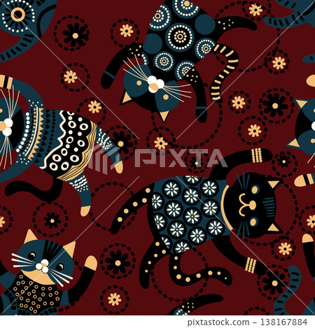 Seamless decorative pattern with stylized cats in folk art style. Scandinavian inspired design with geometric ornaments, floral elements, and playful shapes on a deep red background. Vector 138167884