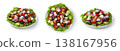 Greek salad in a flat plate close-up view from above and from the side isolated on a white background. 138167956
