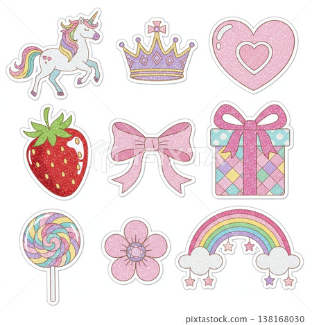 girly and cute collection of glittering stickers featuring unicorn, crown, heart, strawberry, bow, giftbox, candy, flower, rainbow isolated elements 138168030