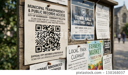 Community cork bulletin board with pinned notices, public information flyers, and a scannable qr code, ideal for local events and announcements Community cork bulletin board with pinned notices, public information flyers, and a scannable qr code, ideal for local events and announcements 138168037