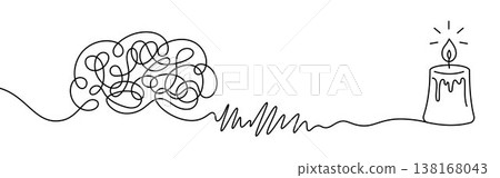 Brain burnout concept continuous line illustration with tangled chaotic mind transforming through stress into candle flame, representing mental exhaustion, anxiety, overthinking and energy loss Brain burnout concept continuous line illustration with tangled chaotic mind transforming through stress into candle flame, representing mental exhaustion, anxiety, overthinking and energy loss 138168043