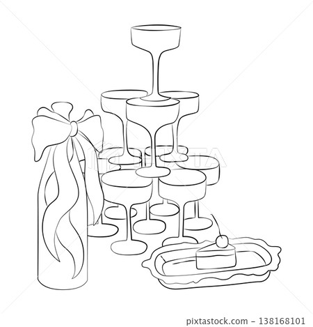 Hand-drawn wedding party decor elements, food and drinks, a piece of wedding cake, champagne bottle with a bow and champagne tower Hand-drawn wedding party decor elements, food and drinks, a piece of wedding cake, champagne bottle with a bow and champagne tower 138168101