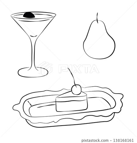 Hand-drawn banquet party decor elements, food and drink, martini cocktail glass, a piece of cake and pear in line art style Hand-drawn banquet party decor elements, food and drink, martini cocktail glass, a piece of cake and pear in line art style 138168161