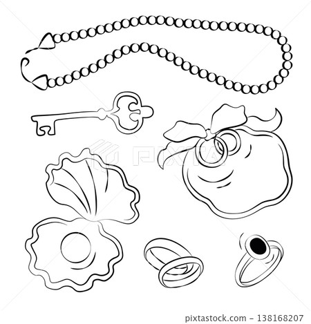 Hand-drawn wedding accessories such as wedding and engagement rings, pearl beads, rococo decorative shell and vintage key Hand-drawn wedding accessories such as wedding and engagement rings, pearl beads, rococo decorative shell and vintage key 138168207