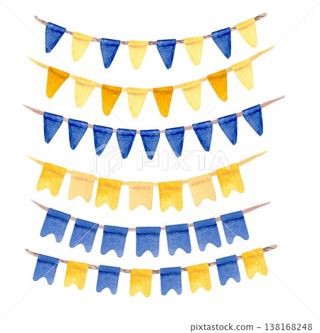 A collection of garlands of yellow, orange and blue flags, hand-drawn in watercolor on an isolated background. Simple, vibrant clipart decorations for holiday, party, and competition designs. 138168248
