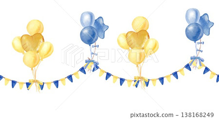 A vibrant seamless border featuring garlands of triangular flags, yellow and blue, and helium balloons. Hand-drawn in watercolor on an isolated background, this design is perfect for birthdays. A vibrant seamless border featuring garlands of triangular flags, yellow and blue, and helium balloons. Hand-drawn in watercolor on an isolated background, this design is perfect for birthdays. 138168249