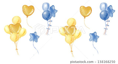 A vibrant horizontal seamless pattern in yellow and blue featuring helium balloons, stars, and hearts. Hand-drawn in watercolor on an isolated background, this design is perfect for birthdays. A vibrant horizontal seamless pattern in yellow and blue featuring helium balloons, stars, and hearts. Hand-drawn in watercolor on an isolated background, this design is perfect for birthdays. 138168250
