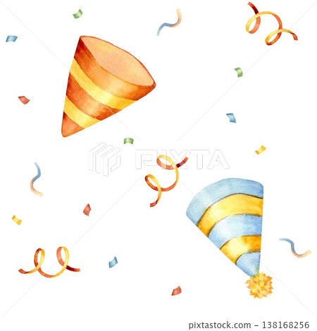 A vibrant seamless pattern featuring triangle-shaped striped party hats with streamers and confetti. Hand-drawn watercolor illustration on an isolated background for birthday party decorations. A vibrant seamless pattern featuring triangle-shaped striped party hats with streamers and confetti. Hand-drawn watercolor illustration on an isolated background for birthday party decorations. 138168256