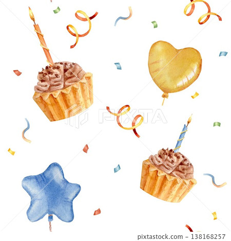 A vibrant seamless pattern featuring blue star-shaped and yellow heart-shaped balloons and cupcakes with lit candles. Hand-drawn watercolor illustration on an isolated background for birthdays. A vibrant seamless pattern featuring blue star-shaped and yellow heart-shaped balloons and cupcakes with lit candles. Hand-drawn watercolor illustration on an isolated background for birthdays. 138168257