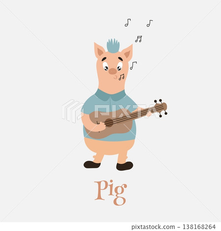 Cute Pig with blue hair Playing Guitar Cartoon Vector Icon Illustration. Flat Cartoon Style Cute Pig with blue hair Playing Guitar Cartoon Vector Icon Illustration. Flat Cartoon Style 138168264