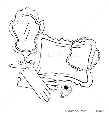 Hand-drawn wedding decor elements such as wedding ring, vintage rococo mirror, decorative pillow and gloves for cards, invitation Hand-drawn wedding decor elements such as wedding ring, vintage rococo mirror, decorative pillow and gloves for cards, invitation 138168265
