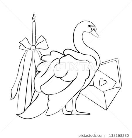 Hand-drawn wedding decor elements such as candle, bow, swan and love letter, ready to use composition for card or invitation Hand-drawn wedding decor elements such as candle, bow, swan and love letter, ready to use composition for card or invitation 138168280