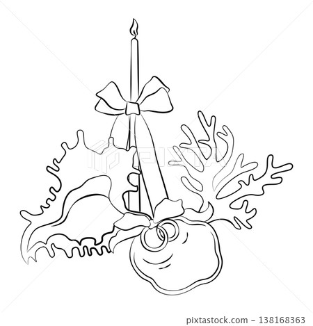 Hand-drawn wedding decor elements composition such as candle, bow, coral, rococo shell and engagement rings, for card, invitation Hand-drawn wedding decor elements composition such as candle, bow, coral, rococo shell and engagement rings, for card, invitation 138168363