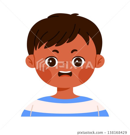 Cute worried little boy character with anxious facial expression. Concerned child avatar with open mouth. Emotional reaction concept. Isolated vector illustration in flat cartoon style 138168429