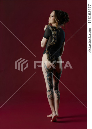 Tattooed woman in black bodysuit holding a python snake, rear view. Studio portrait with copy space on a burgundy background. 138168477