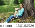 Happy owner woman with Golden Retriever dog sitting in summer park 138168526