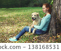 Happy owner woman with Golden Retriever dog sitting in summer park 138168531
