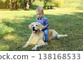 Child and Golden Retriever dog playing together in summer park 138168533