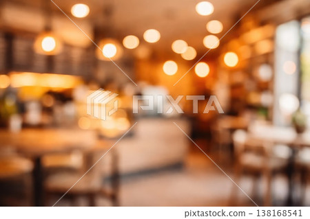 Blurred cozy cafe interior with warm lights and wooden furniture background Blurred cozy cafe interior with warm lights and wooden furniture background 138168541
