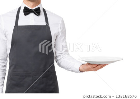 Professional waiter holding empty plate isolated on white background Professional waiter holding empty plate isolated on white background 138168576