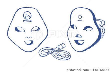 LED Face Mask for Skincare. High Tech Facial Device and Charging Cable. Home Beauty Technology and Wellness Ritual Set. Isolated Outline Blue Hand Drawn on White. Vector Illustration LED Face Mask for Skincare. High Tech Facial Device and Charging Cable. Home Beauty Technology and Wellness Ritual Set. Isolated Outline Blue Hand Drawn on White. Vector Illustration 138168634