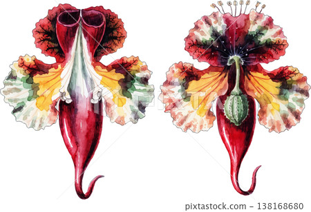 Watercolor Illustration of Exotic Aristolochia Flowers 138168680