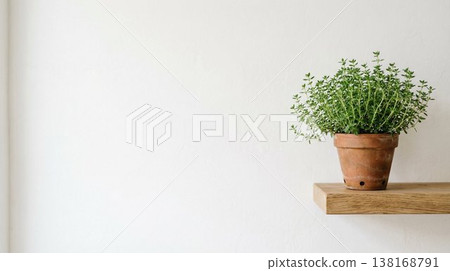Thyme leaves and white wall interior background material with natural light and copy space 138168791