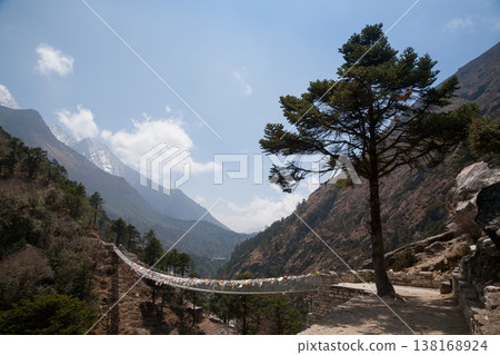 Imja river suspension bridge view along EBC trek, Nepal Imja river suspension bridge view along EBC trek, Nepal 138168924