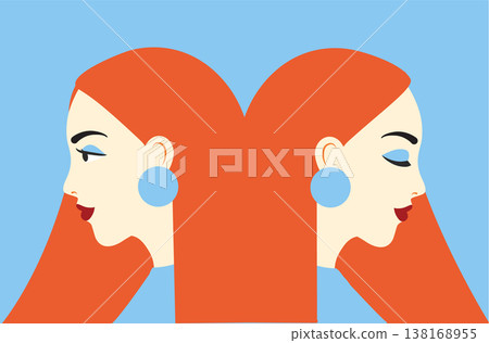two females turned away from each other. Abstract concept illustration with female profiles against blue background two females turned away from each other. Abstract concept illustration with female profiles against blue background 138168955