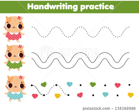 Handwriting practice sheet with cute cats. Educational children game. Tracing lines for kids and toddlers 138168986