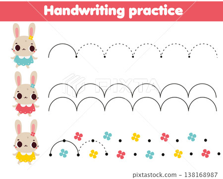 Handwriting practice sheet with cute rabbits. Educational children game. Tracing lines for kids and toddlers Handwriting practice sheet with cute rabbits. Educational children game. Tracing lines for kids and toddlers 138168987