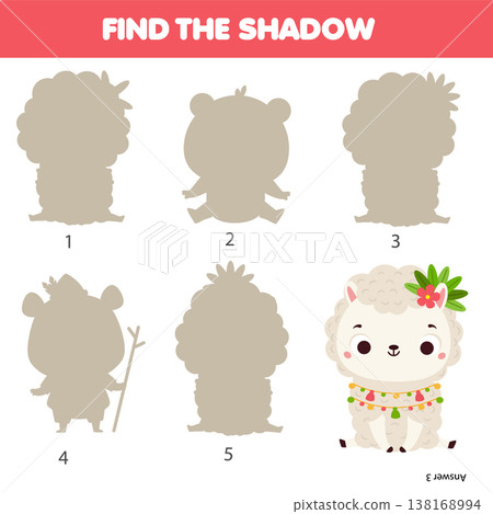 Shadow matching game. Kids activity with cartoon alpaca. Find silhouette teaching page for toddlers Shadow matching game. Kids activity with cartoon alpaca. Find silhouette teaching page for toddlers 138168994