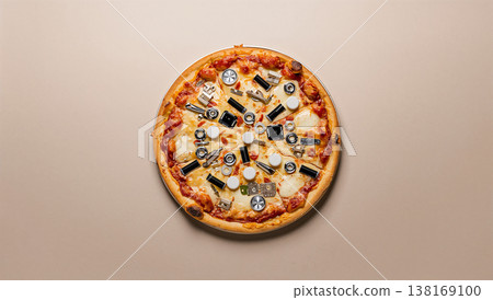 一張象徵科技進步的概念照片：一張上面鋪滿了不可食用部分的披薩。 138169100