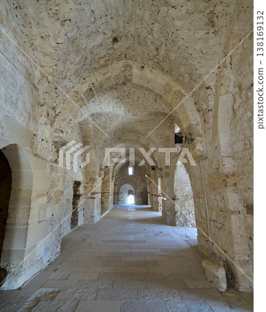 Stone corridors of the Qaitbey Fortress in Alexandria 138169132